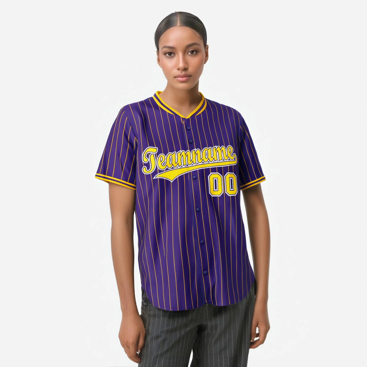 Custom Purple Yellow Pinstripe Yellow-White Authentic Baseball Jersey