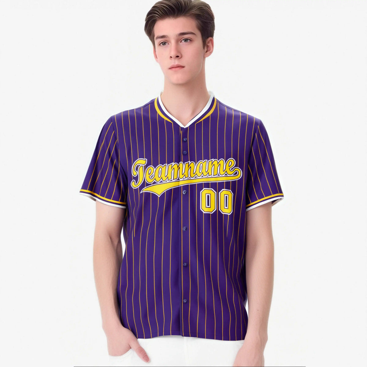 Custom Purple Yellow Pinstripe Yellow-White Authentic Baseball Jersey