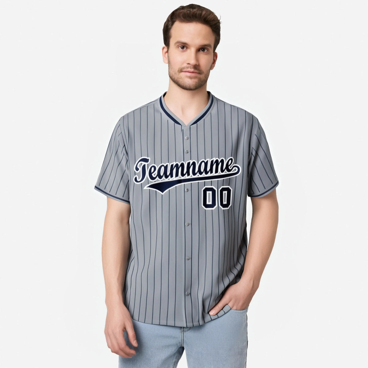 Custom Gray Navy Pinstripe Navy-White Authentic Baseball Jersey