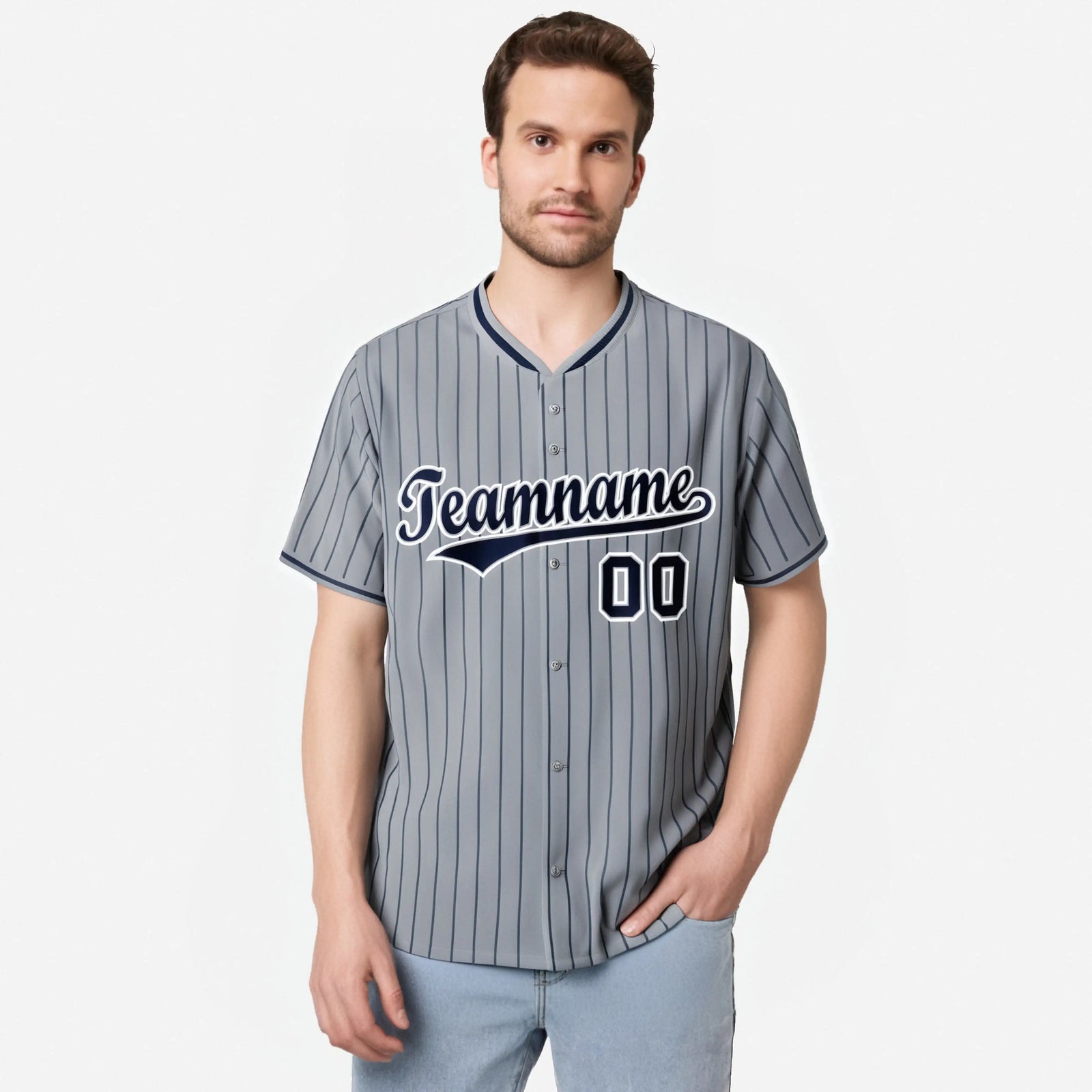 Custom Gray Navy Pinstripe Navy-White Authentic Baseball Jersey