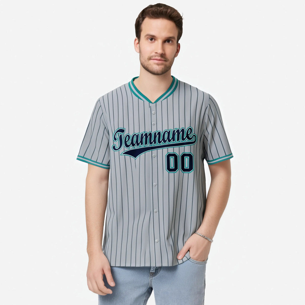 Custom Gray Navy Pinstripe Navy-Aqua Authentic Baseball Jersey