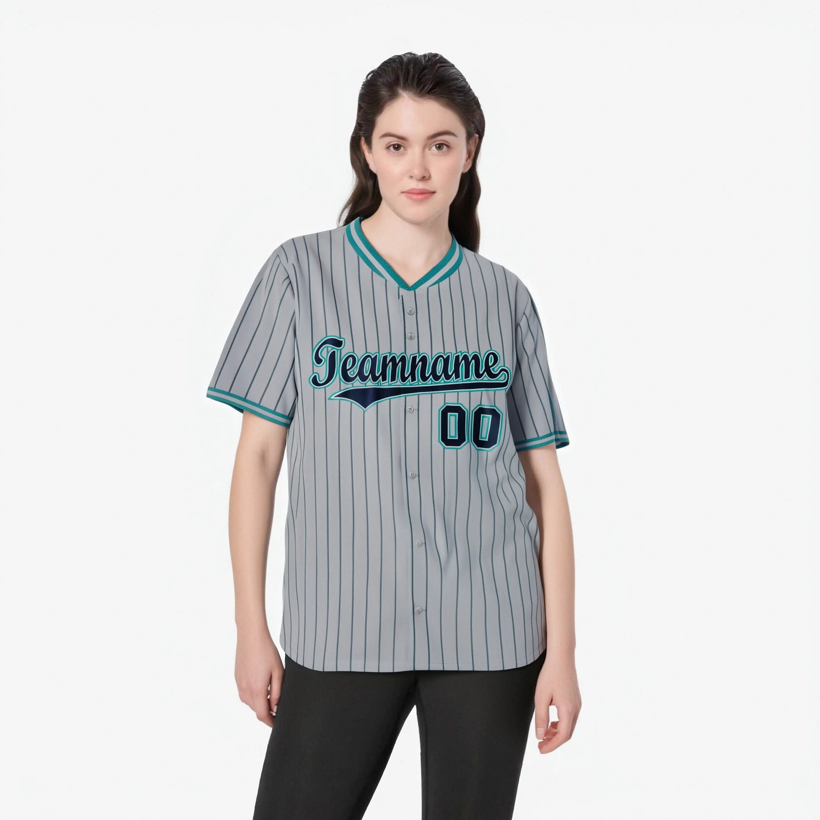 Custom Gray Navy Pinstripe Navy-Aqua Authentic Baseball Jersey