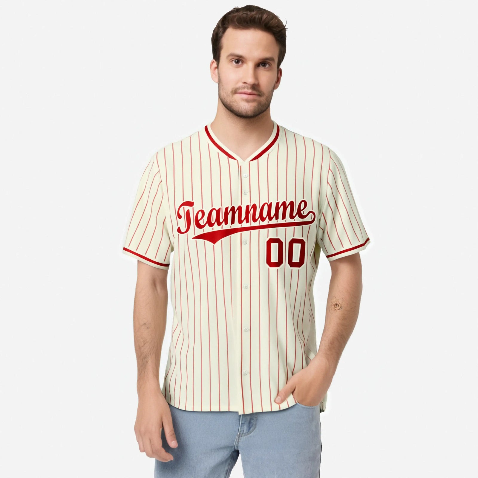 Custom Cream Red Pinstripe Red-White Authentic Baseball Jersey