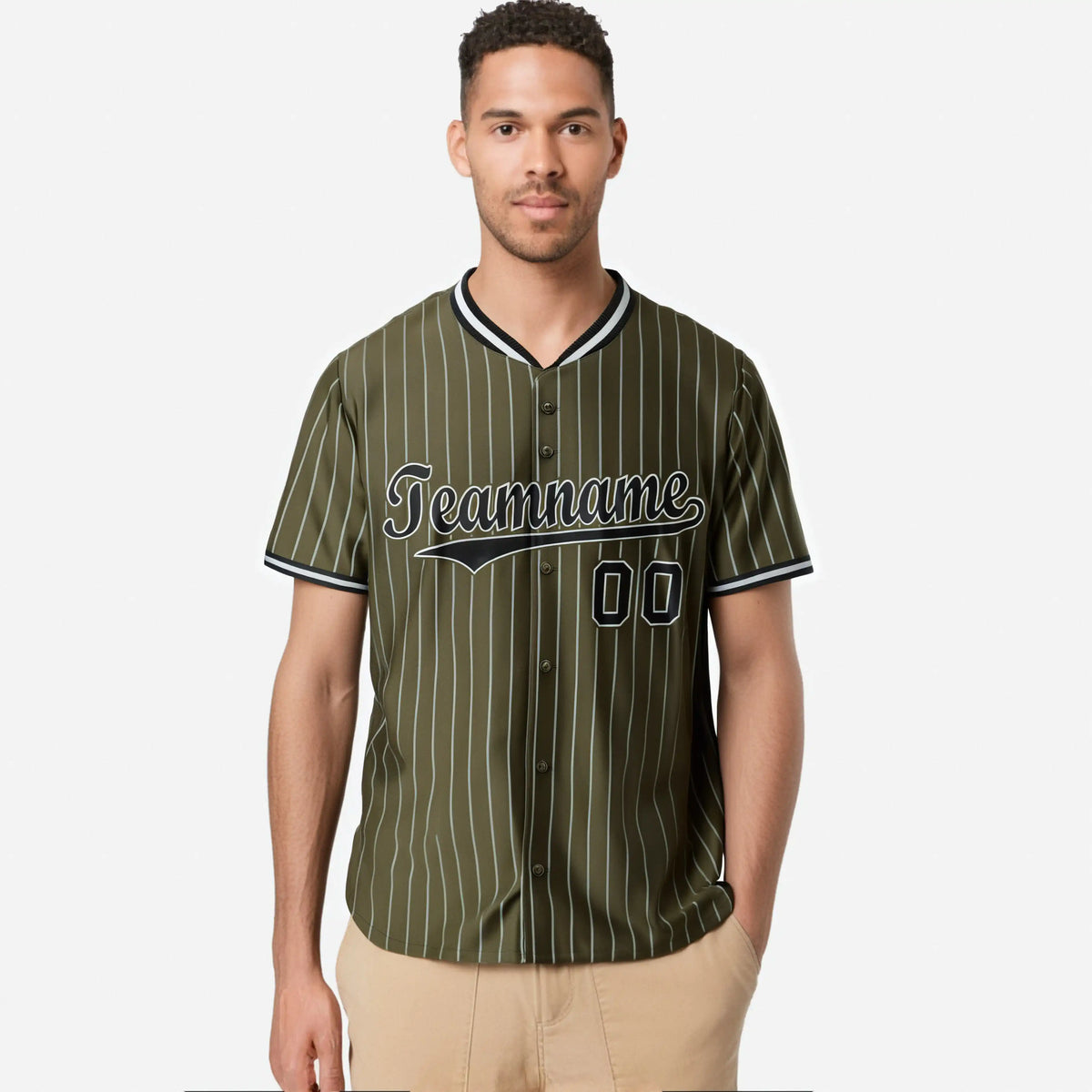 Custom Olive Black Pinstripe Black-Gray Authentic Baseball Jersey