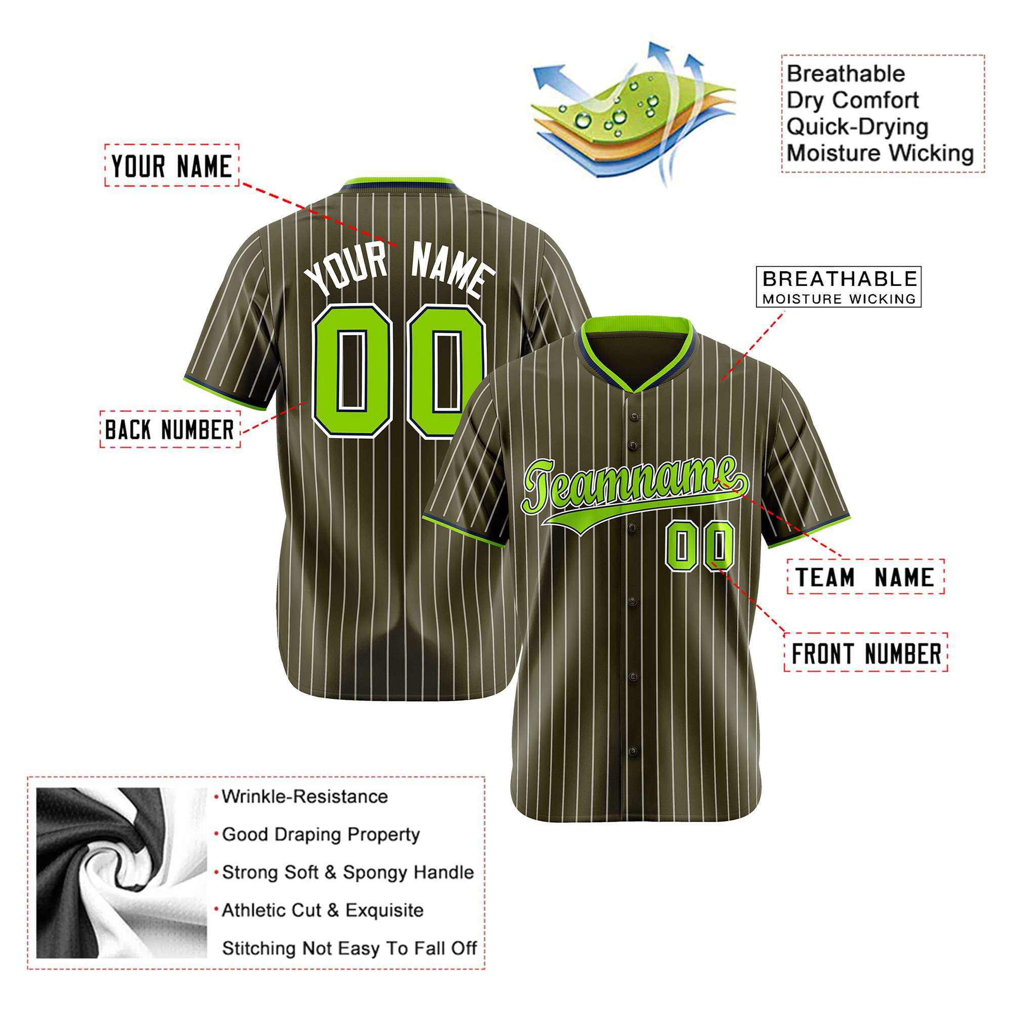 Custom Olive Neon-Green Pinstripe Neon-Greenv White Authentic Baseball Jersey