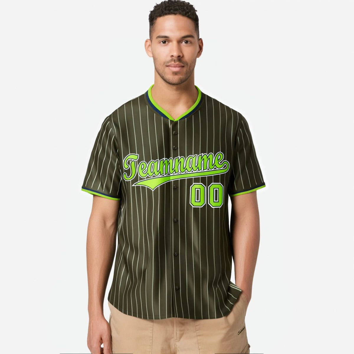 Custom Olive Neon-Green Pinstripe Neon-Greenv White Authentic Baseball Jersey