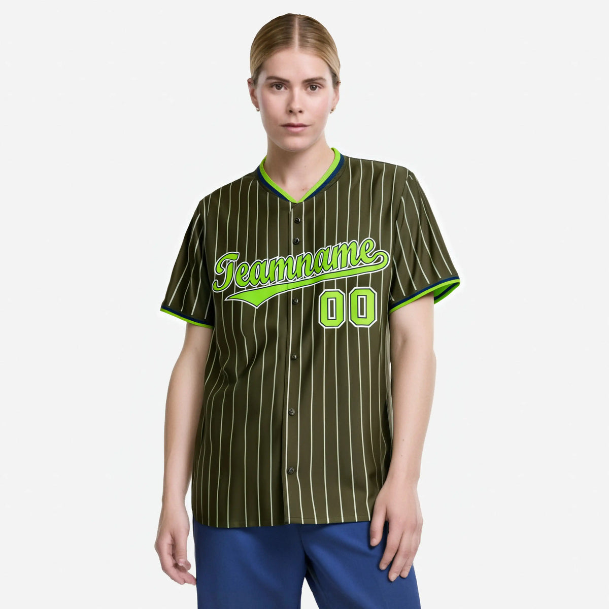 Custom Olive Neon-Green Pinstripe Neon-Greenv White Authentic Baseball Jersey