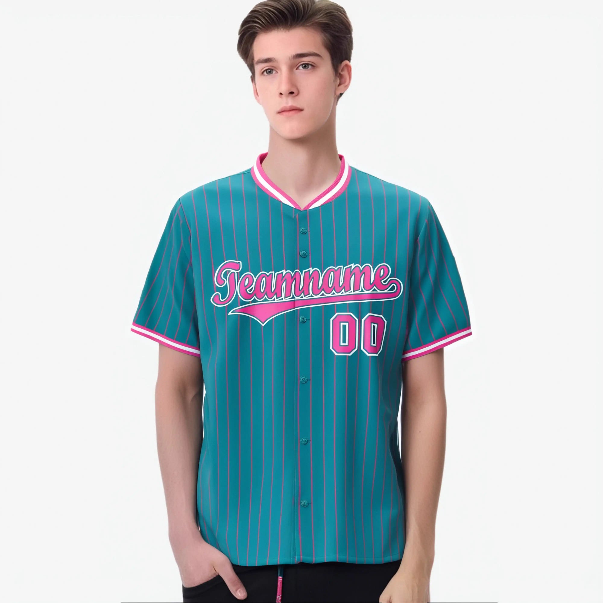 Custom Aqua Pink Pinstripe Pink-White Authentic Baseball Jersey