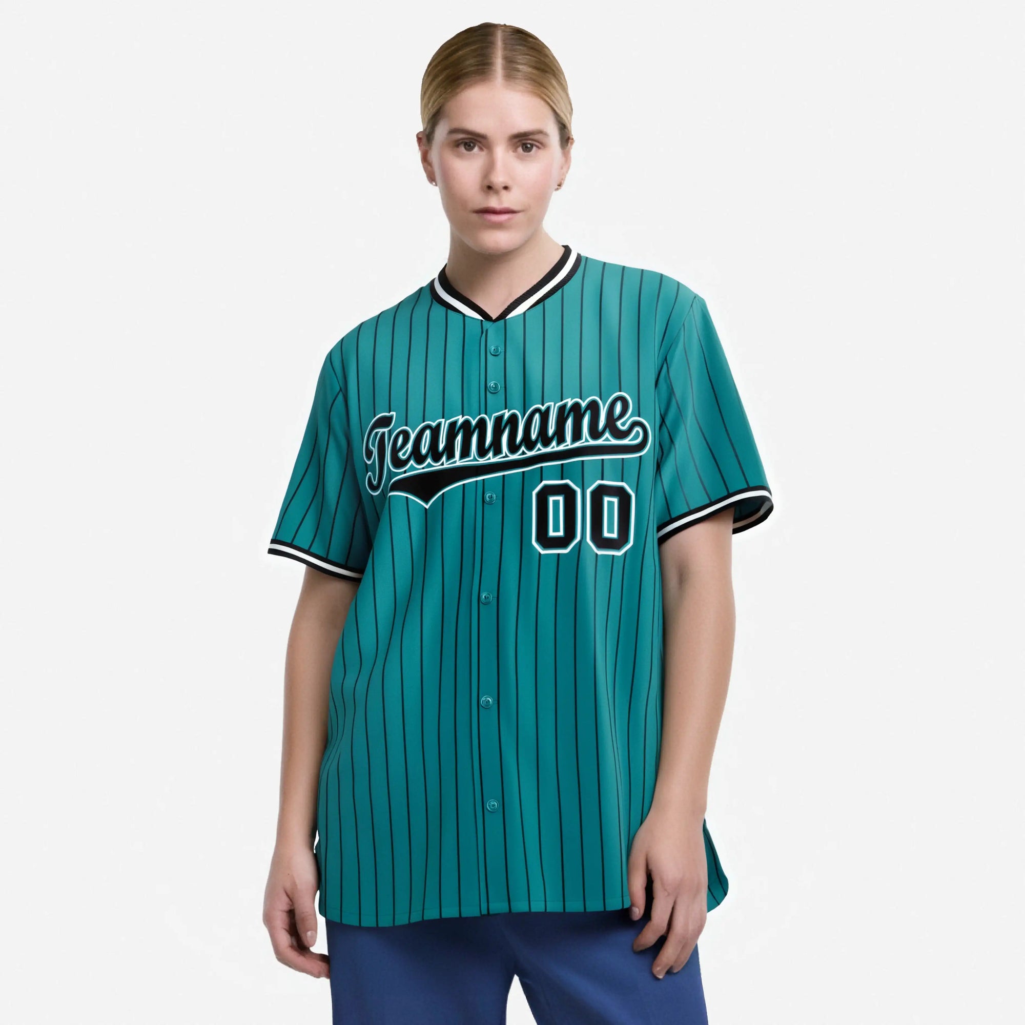 Custom Aqua Black Pinstripe Black-White Authentic Baseball Jersey