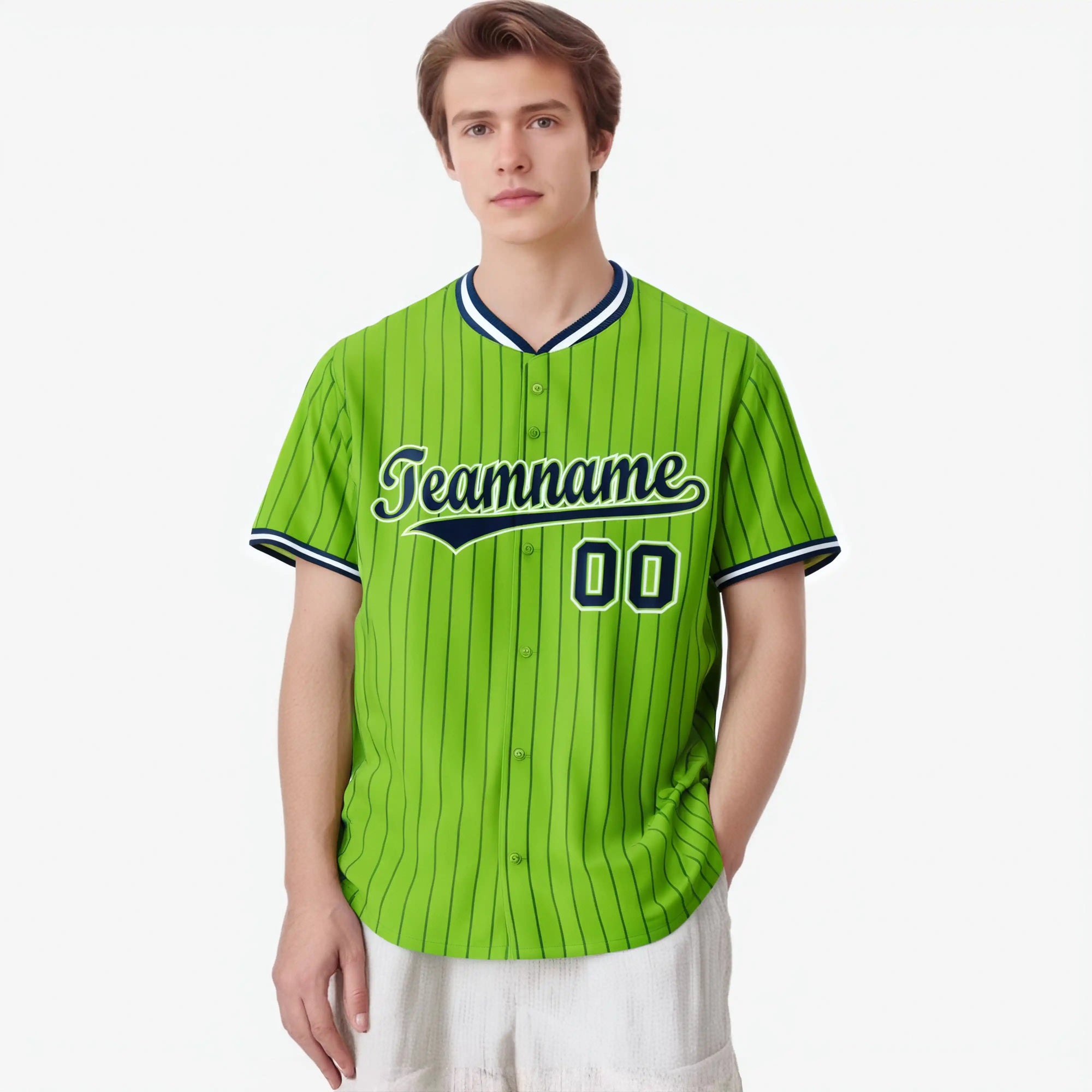 Custom Neon Green Navy Pinstripe Navy-White Authentic Baseball Jersey