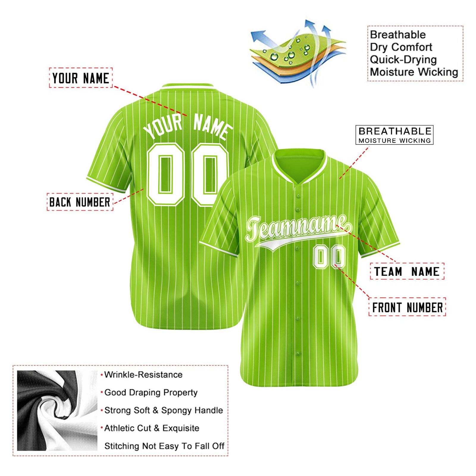 Custom Neon Green White Pinstripe White Neon-Green Authentic Baseball Jersey