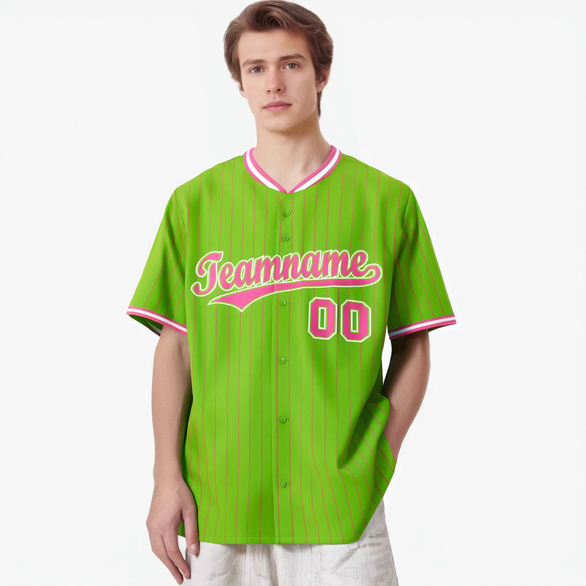Custom Neon Green Pink Pinstripe Pink-White Authentic Baseball Jersey