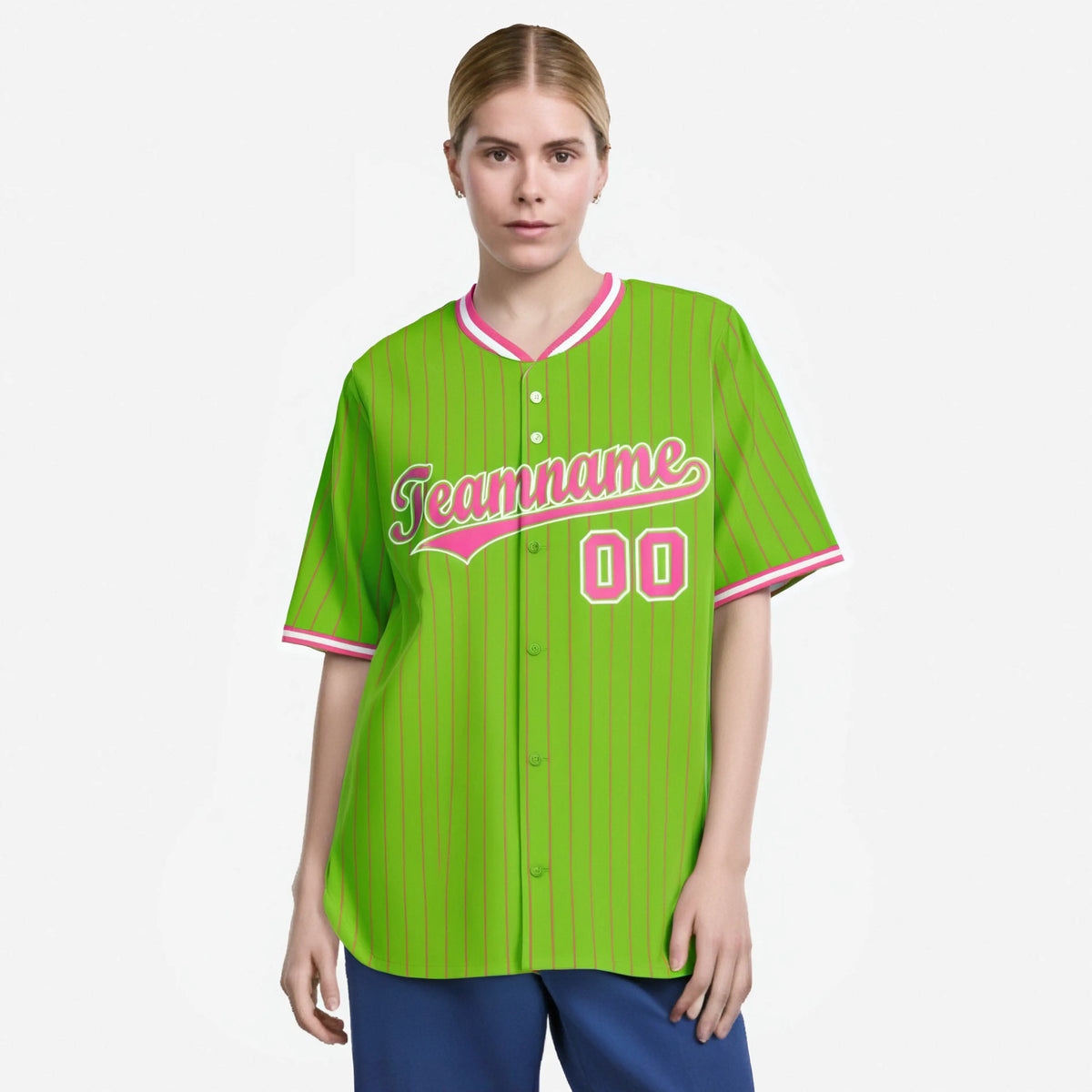 Custom Neon Green Pink Pinstripe Pink-White Authentic Baseball Jersey