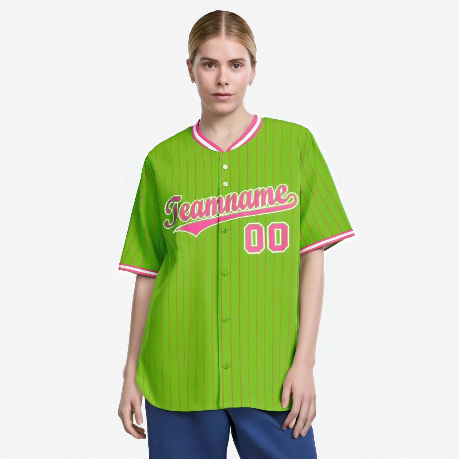 Custom Neon Green Pink Pinstripe Pink-White Authentic Baseball Jersey