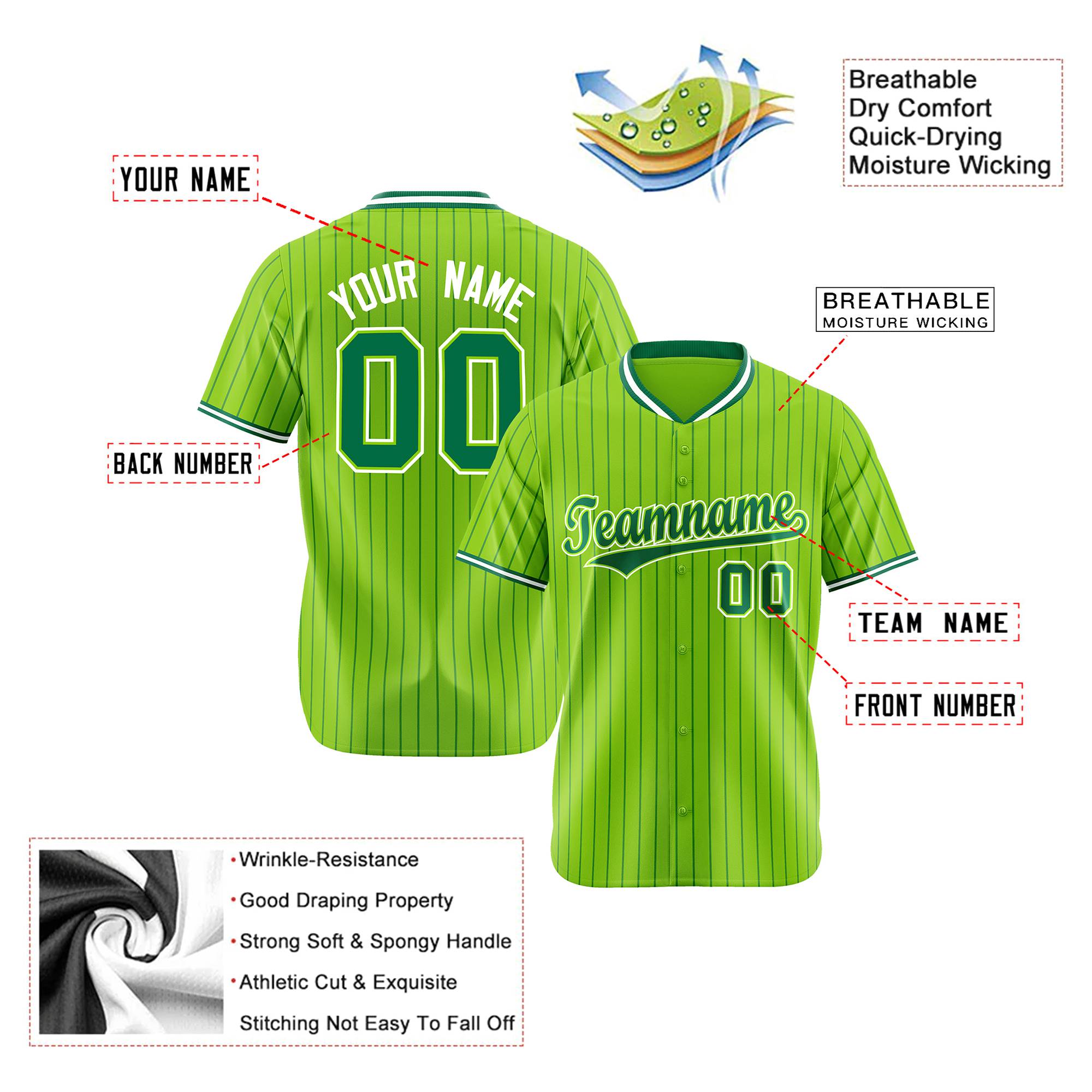 Custom Neon Green Kelly-Green Pinstripe Kelly-Green White Authentic Baseball Jersey