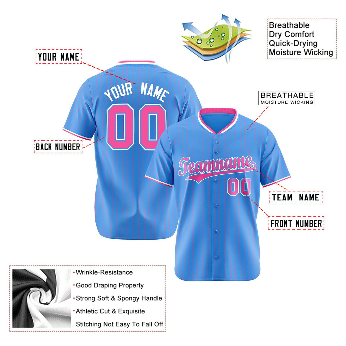 Custom Sky Blue Pink Pinstripe Pink-White Authentic Baseball Jersey