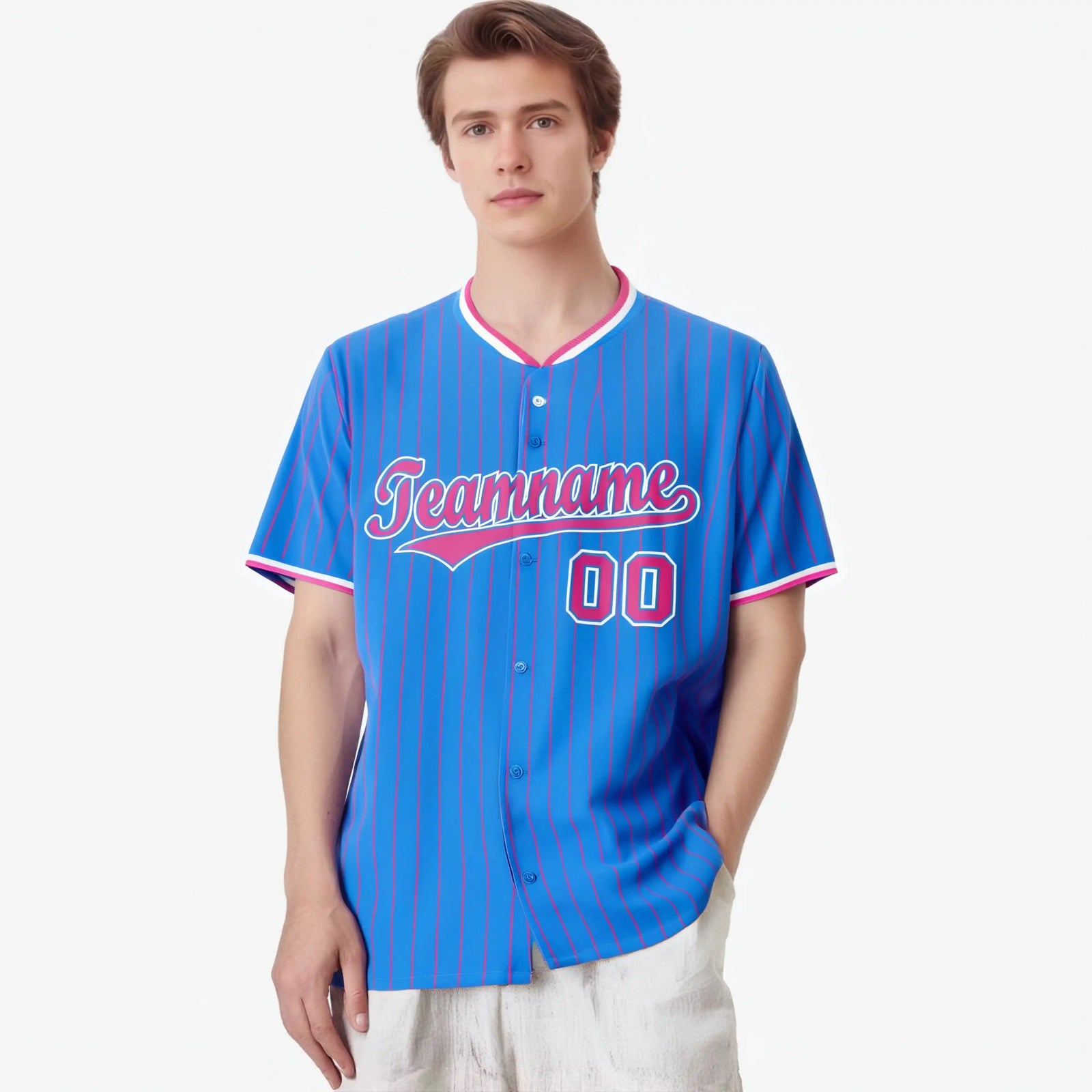 Custom Sky Blue Pink Pinstripe Pink-White Authentic Baseball Jersey