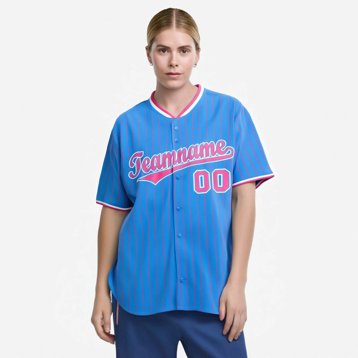 Custom Sky Blue Pink Pinstripe Pink-White Authentic Baseball Jersey