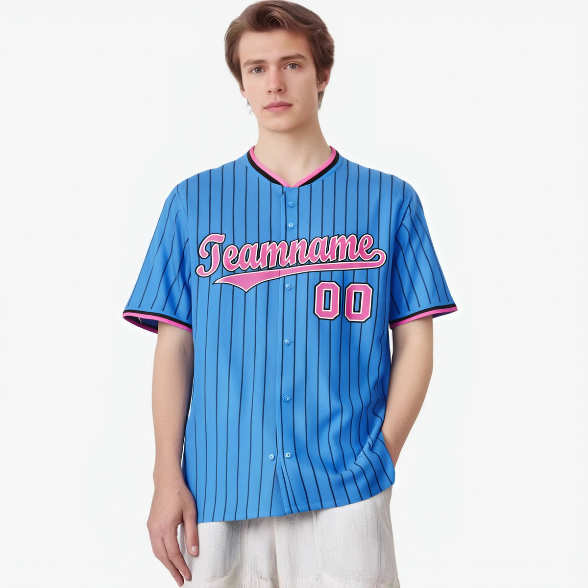 Custom Sky Blue Black Pinstripe Pink-White Authentic Baseball Jersey