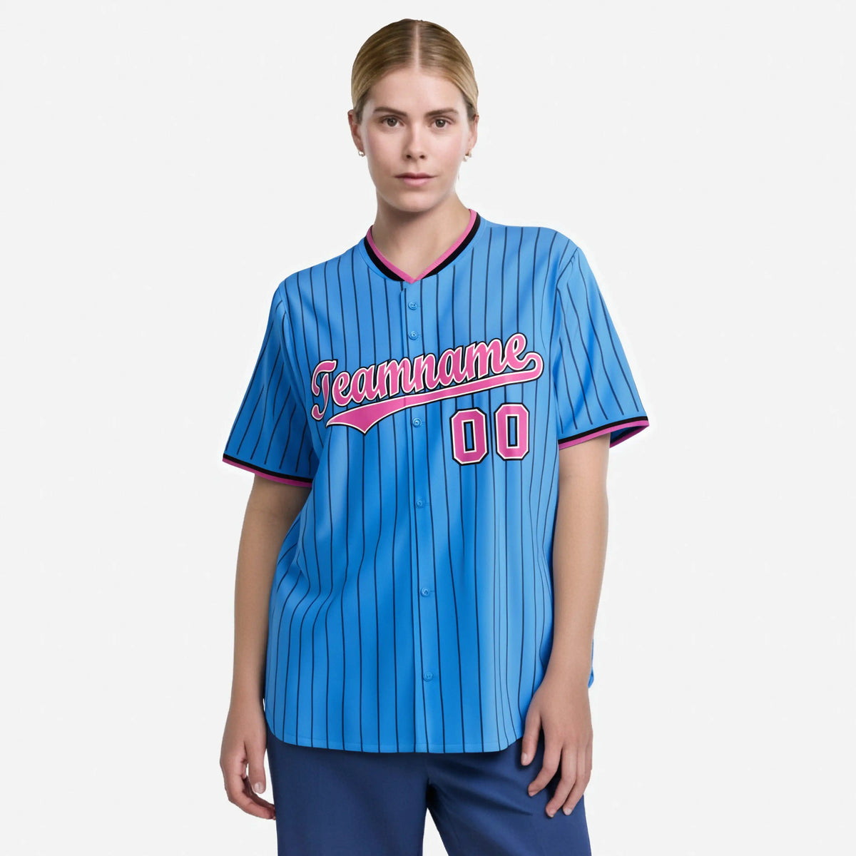 Custom Sky Blue Black Pinstripe Pink-White Authentic Baseball Jersey