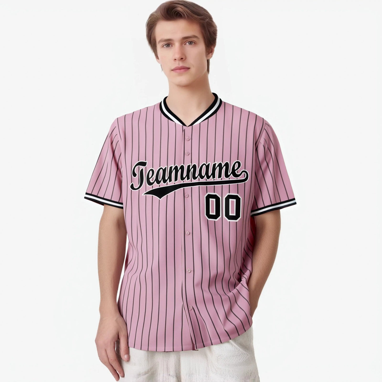 Custom Pink Black Pinstripe Black-White Authentic Baseball Jersey