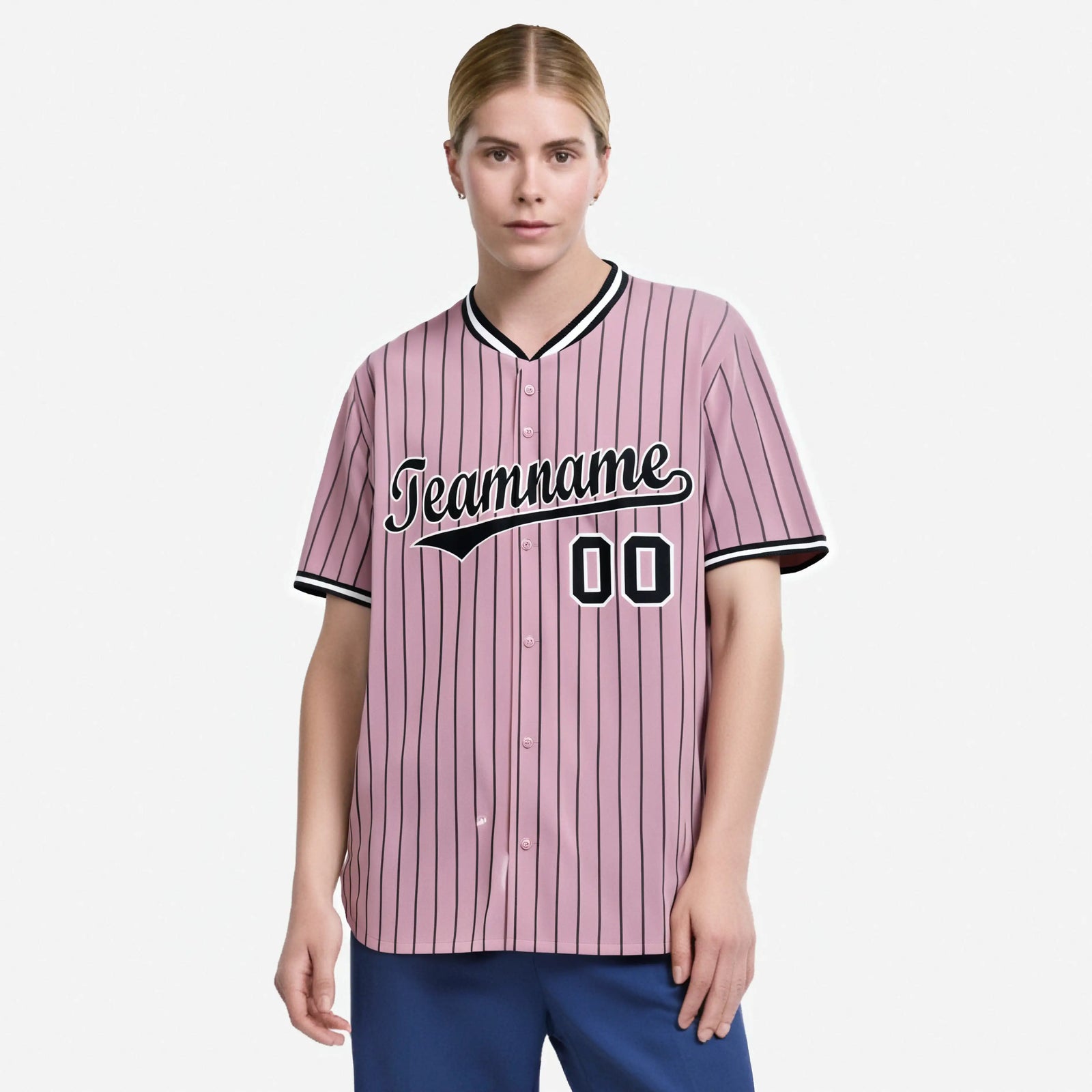 Custom Pink Black Pinstripe Black-White Authentic Baseball Jersey