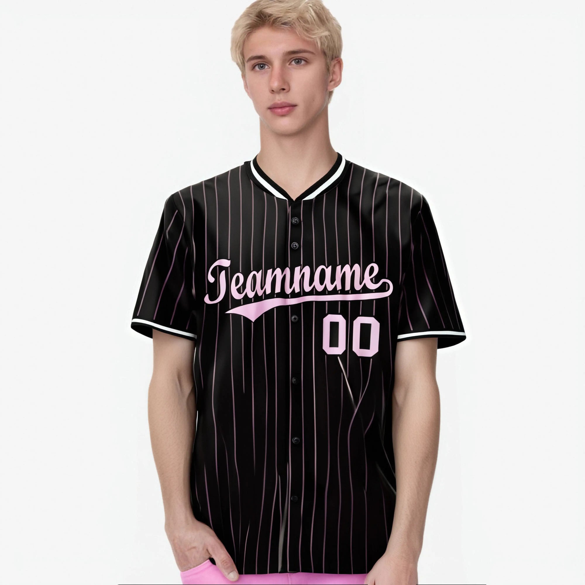 Custom Black Pink Pinstripe Pink-White Authentic Baseball Jersey