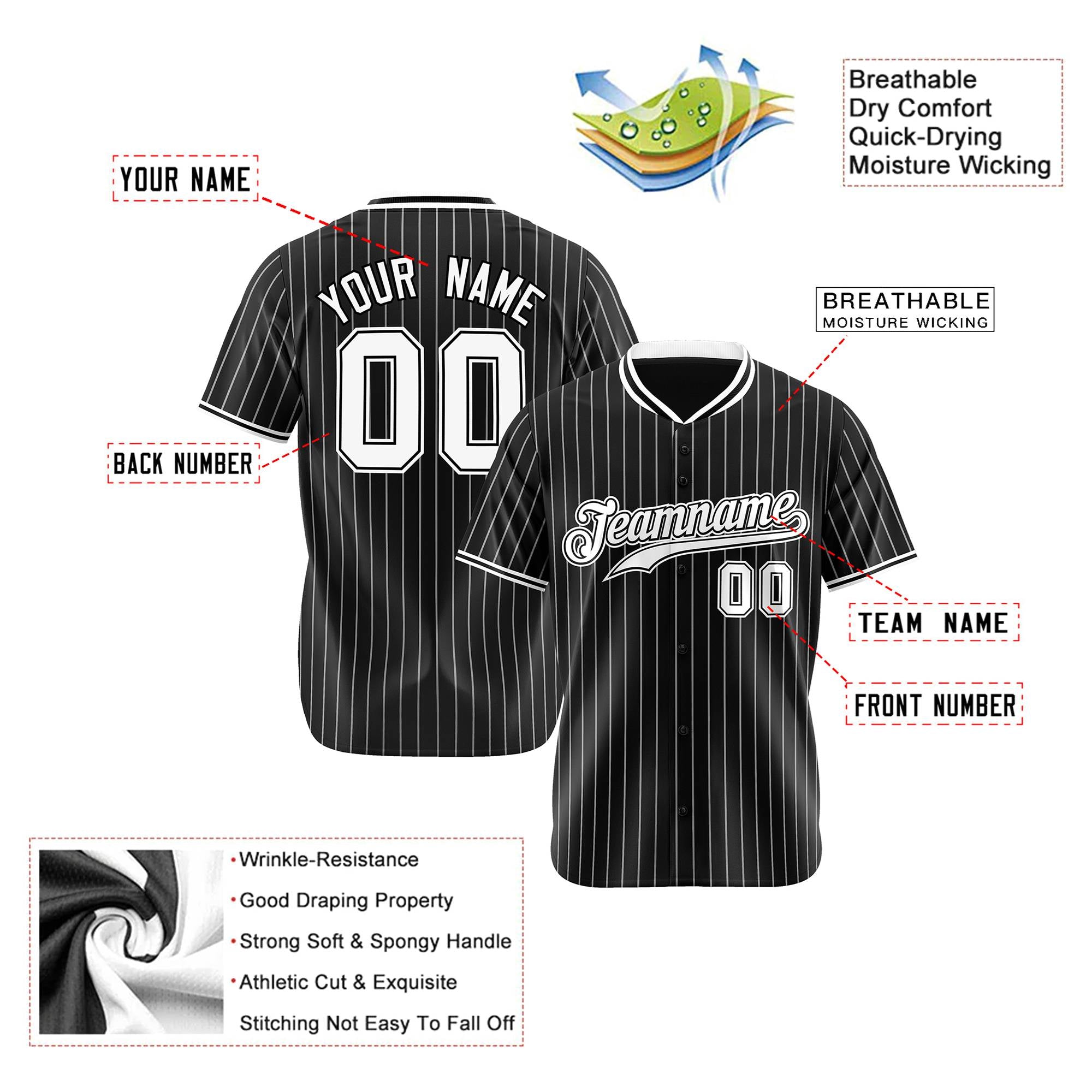 Custom Black White Pinstripe Black-White Authentic Baseball Jersey