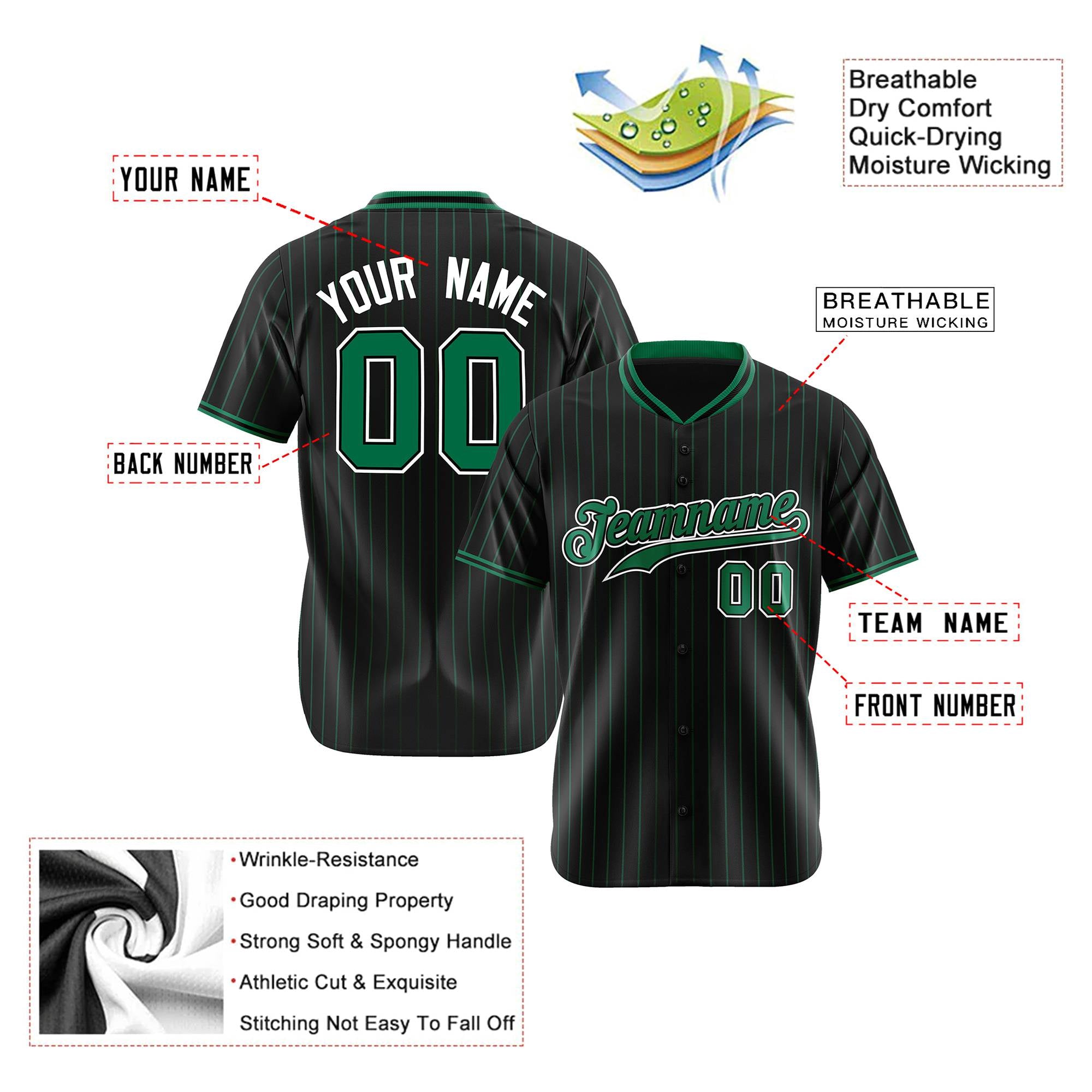 Custom Black Green Pinstripe Green-White Authentic Baseball Jersey