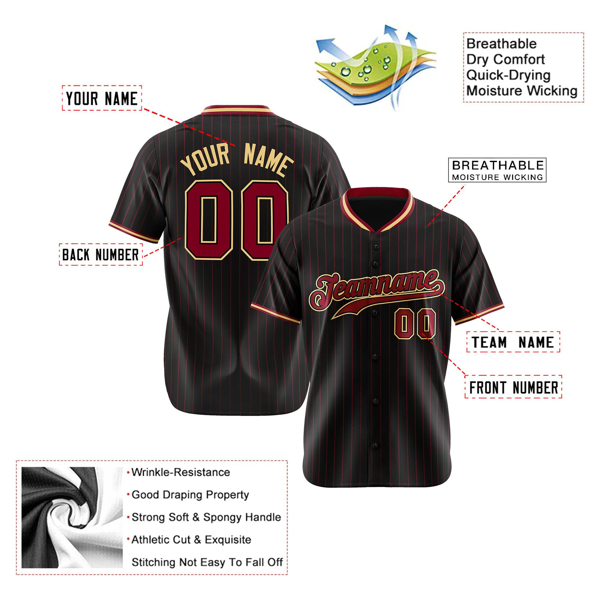 Custom Black Crimson Pinstripe Crimson Old-Gold Authentic Baseball Jersey