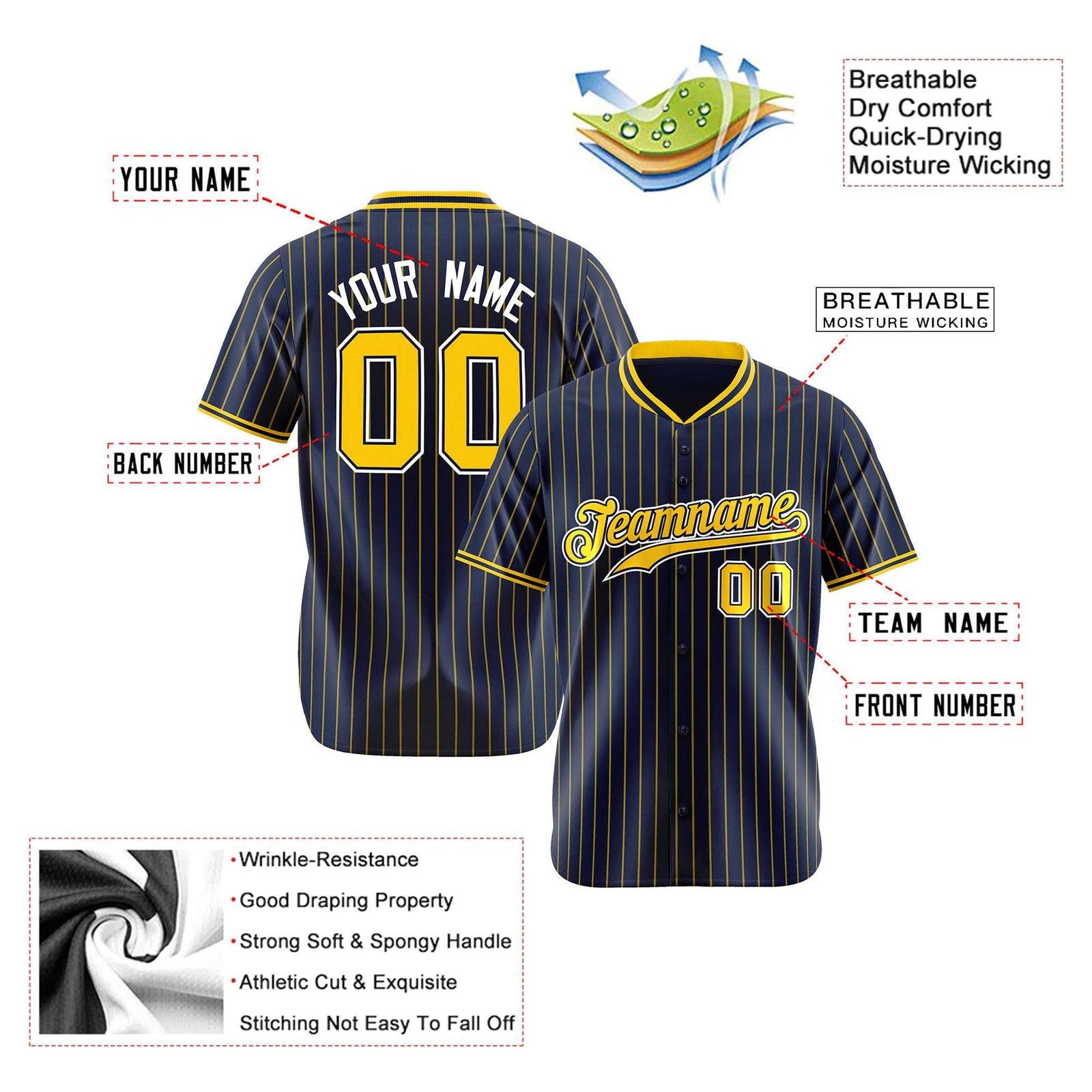 Custom Navy Yellow Pinstripe Yellow-White Authentic Baseball Jersey