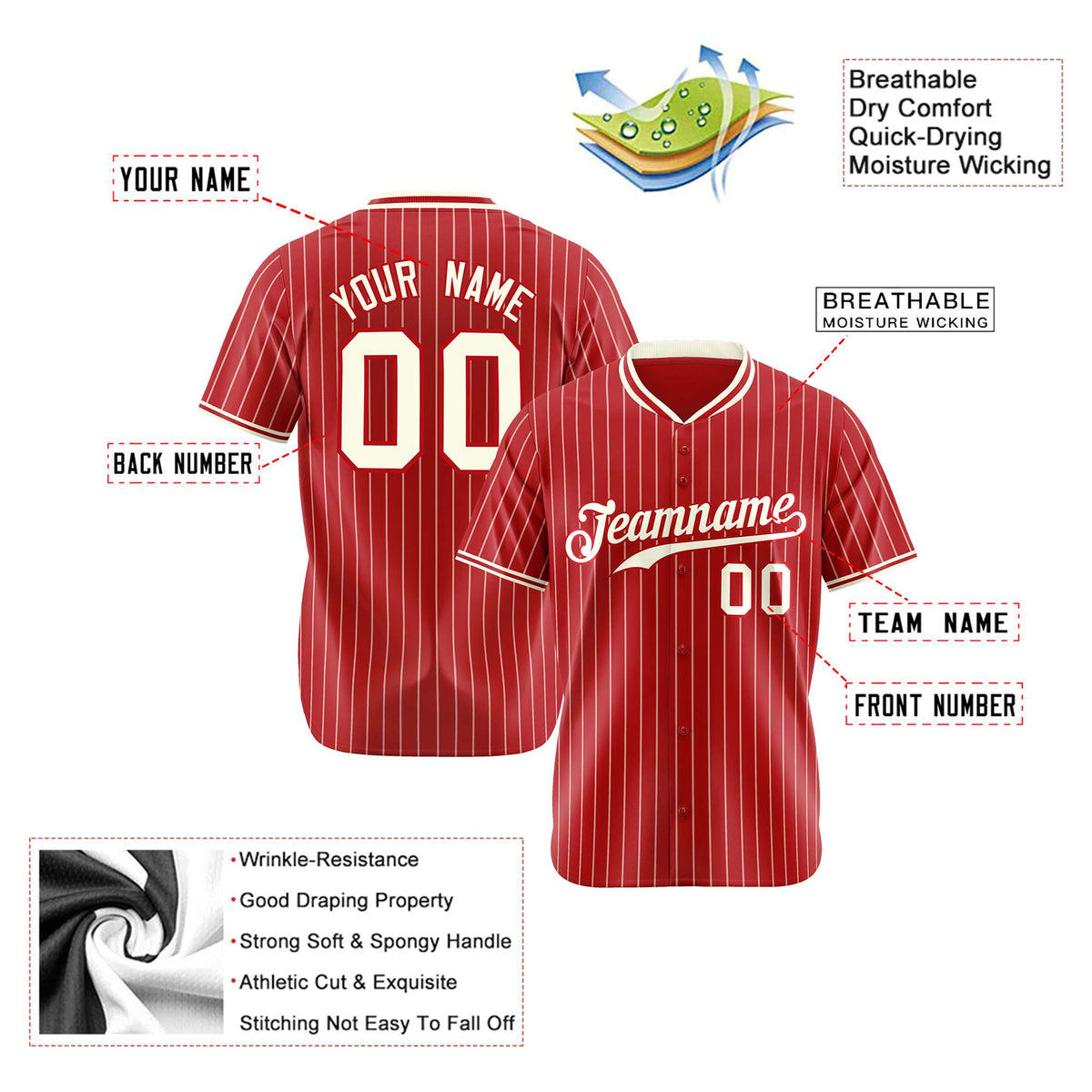 Custom Red Cream Pinstripe Cream-Red Authentic Baseball Jersey