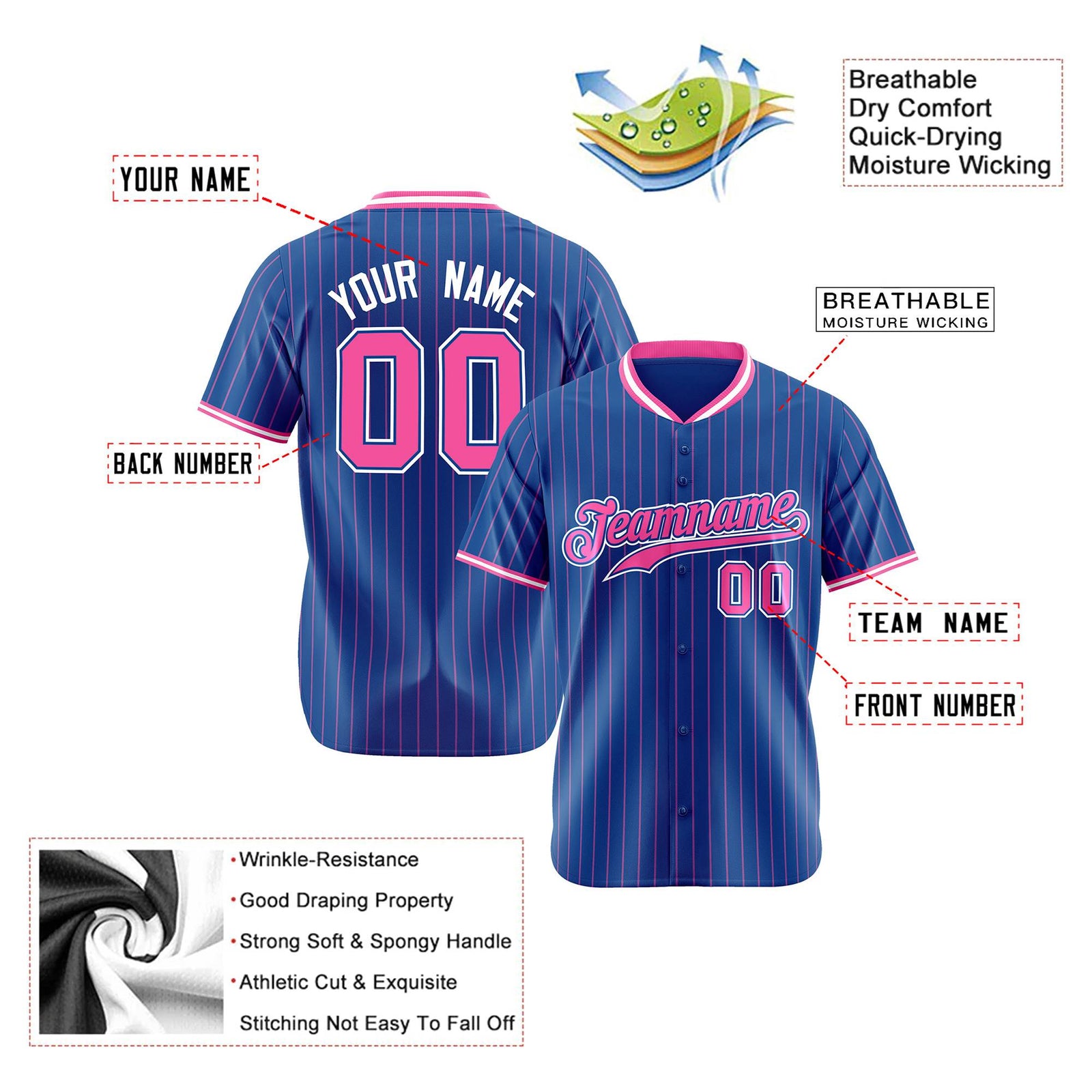 Custom Blue Pink Pinstripe Pink-White Authentic Baseball Jersey