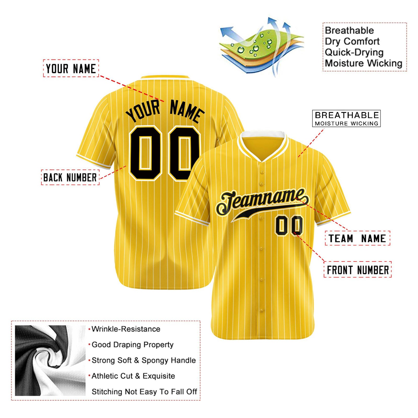 Custom Yellow White Pinstripe Black-White Authentic Baseball Jersey