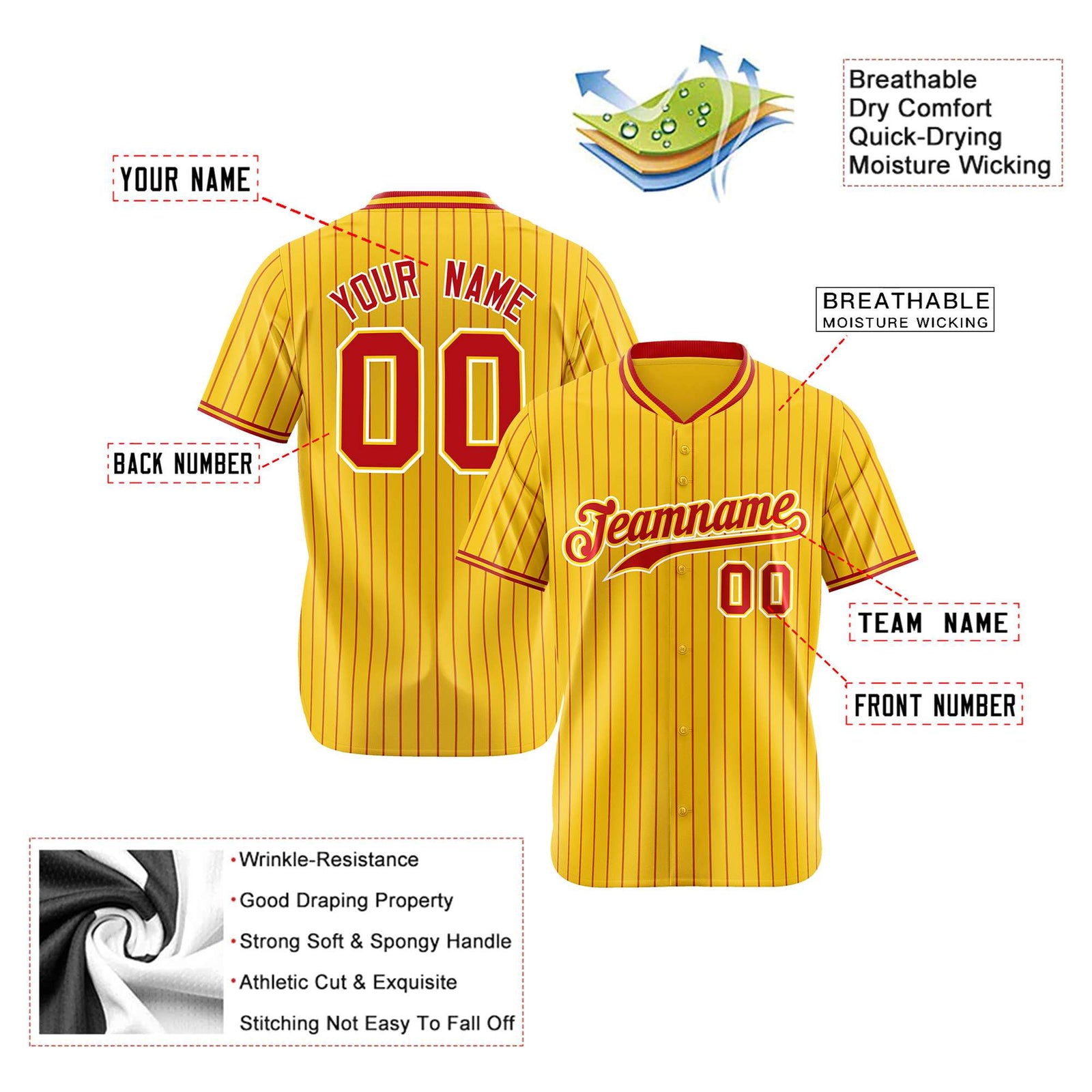 Custom Yellow Red Pinstripe Red-White Authentic Baseball Jersey