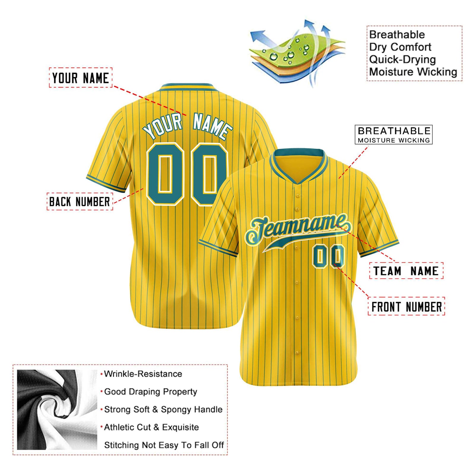 Custom Yellow Aqua Pinstripe Aqua-White Authentic Baseball Jersey