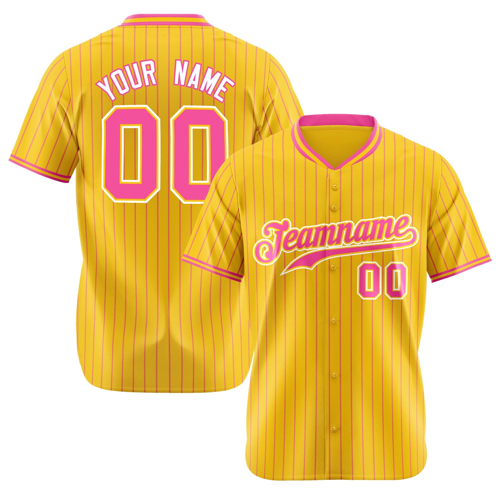 Custom Yellow Pink Pinstripe Pink-White Authentic Baseball Jersey