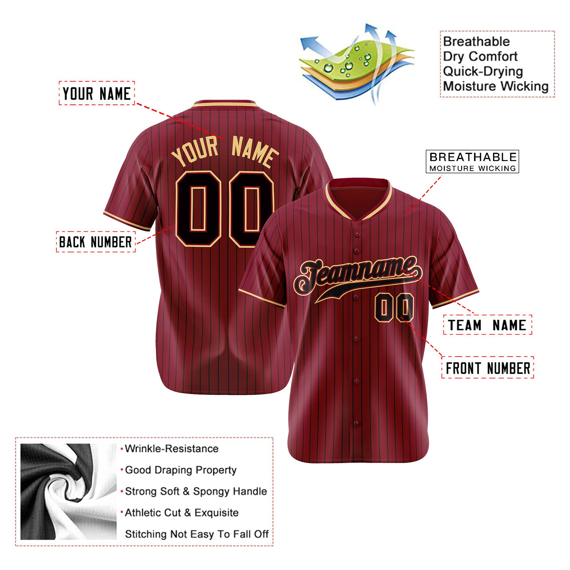 Custom Crimson Black Pinstripe Black Old-Gold Authentic Baseball Jersey