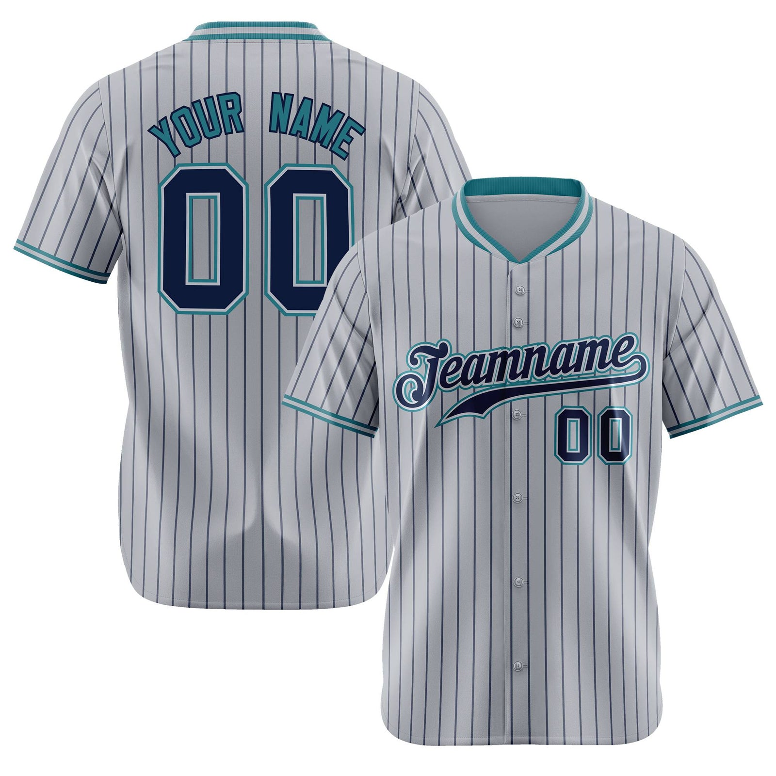Custom Gray Navy Pinstripe Navy-Aqua Authentic Baseball Jersey