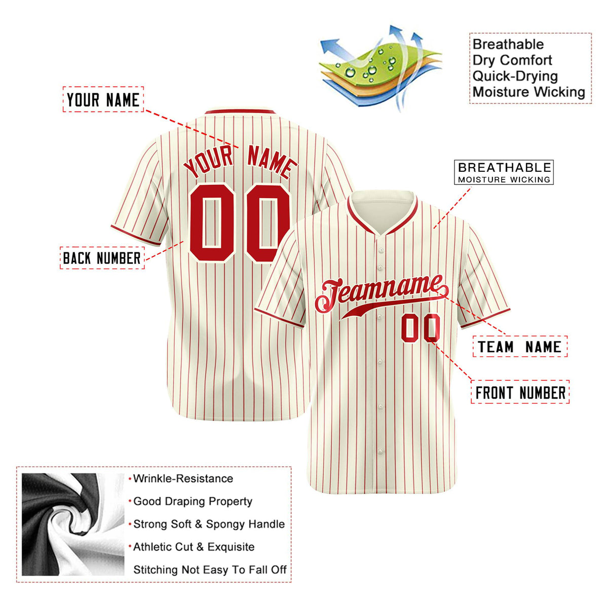 Custom Cream Red Pinstripe Red-White Authentic Baseball Jersey