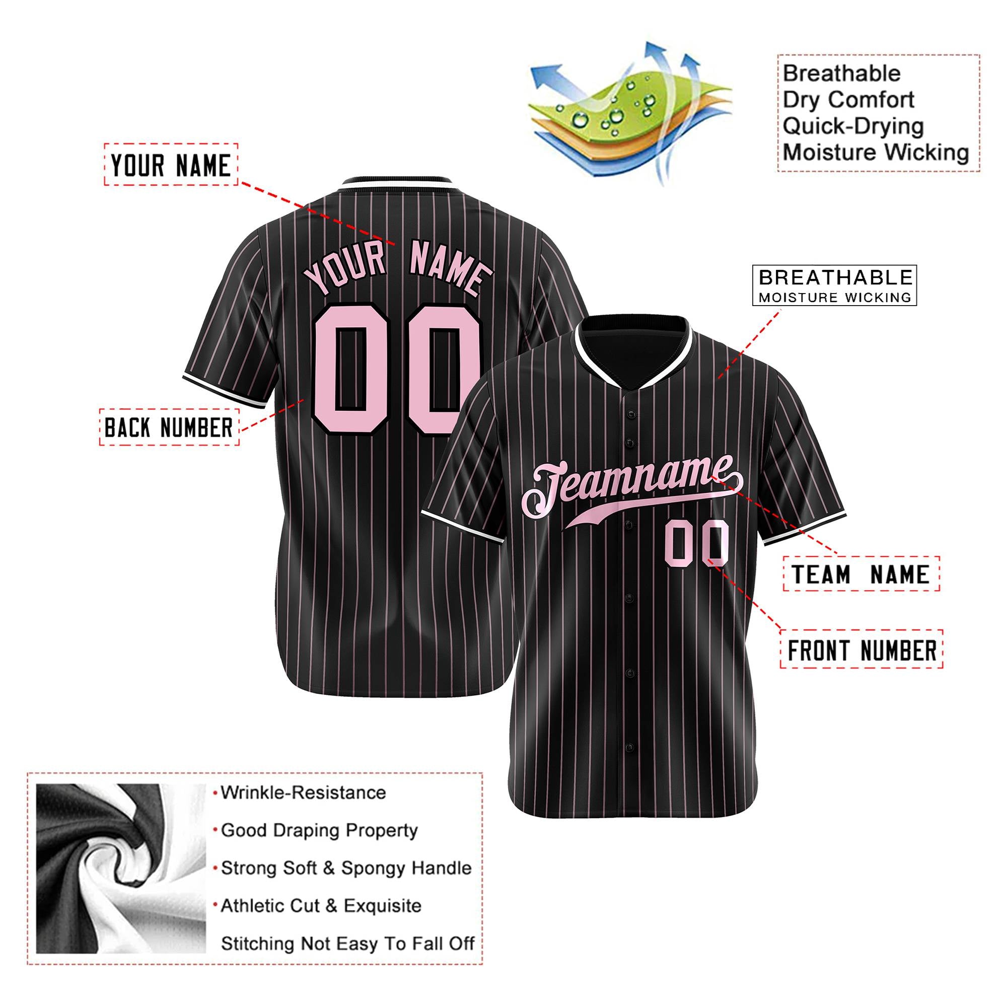 Custom Black Pink Pinstripe Pink-White Authentic Baseball Jersey