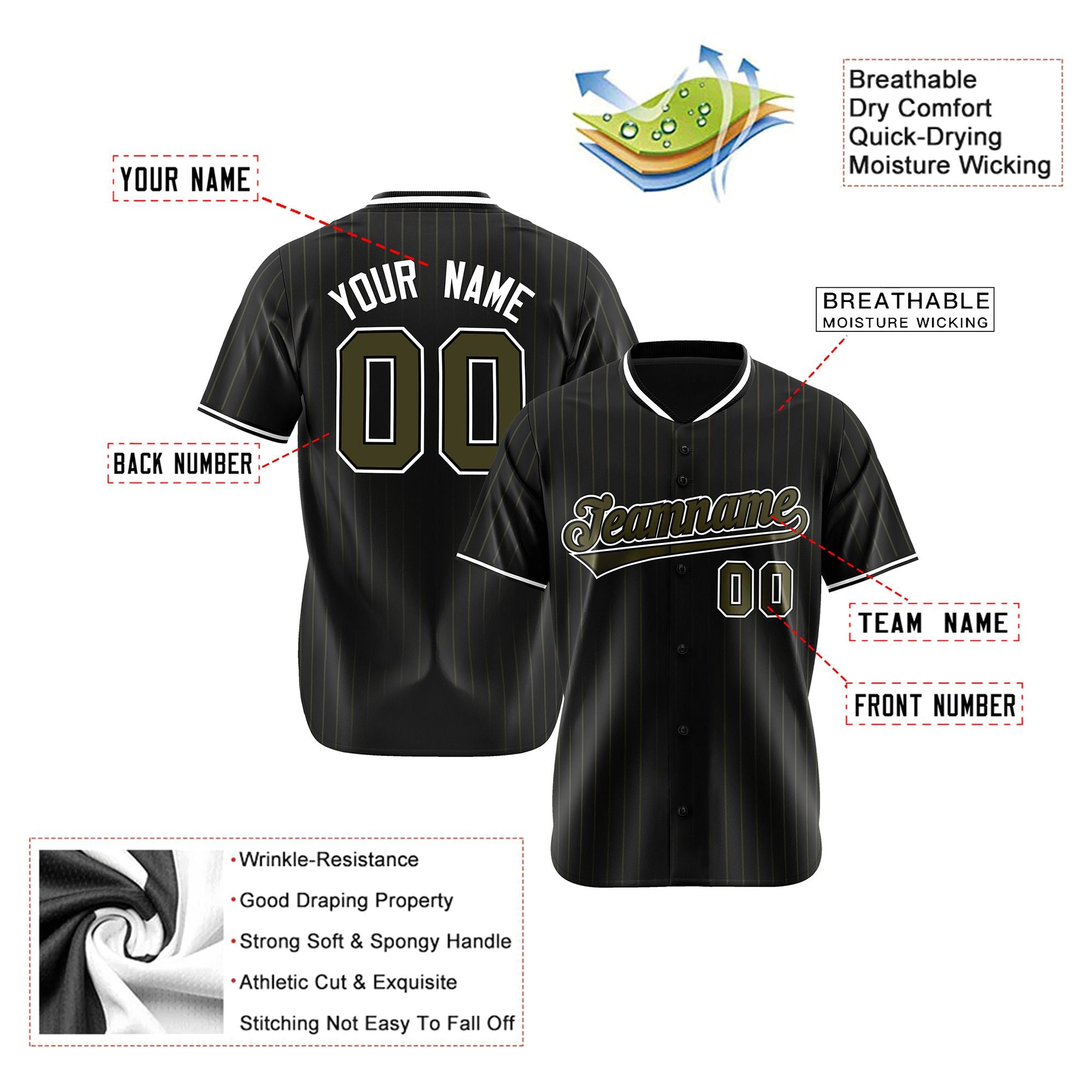 Custom Black Olive Pinstripe Olive-White Authentic Baseball Jersey