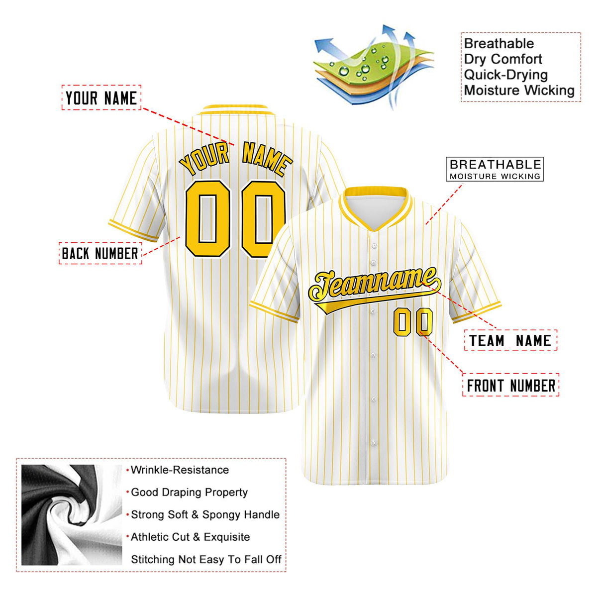 Custom White Yellow Pinstripe White-Yellow Black Authentic Baseball Jersey