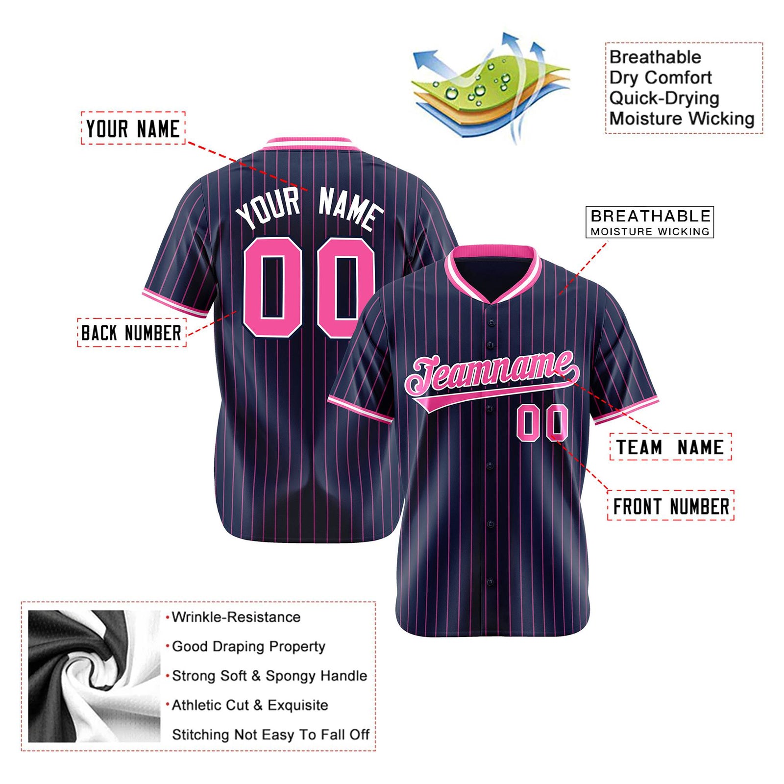 Custom Navy Pink Pinstripe Pink-White Authentic Baseball Jersey