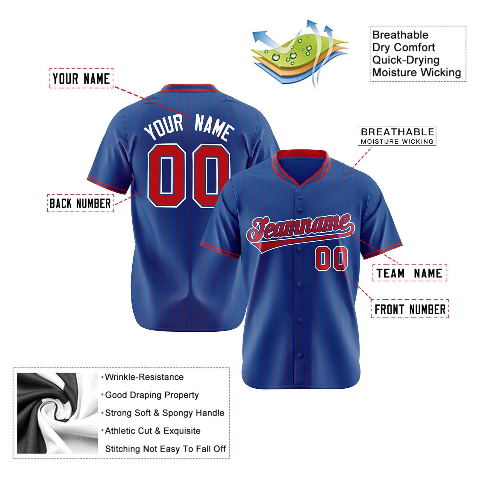 Custom Blue Red Pinstripe Red-White Authentic Baseball Jersey