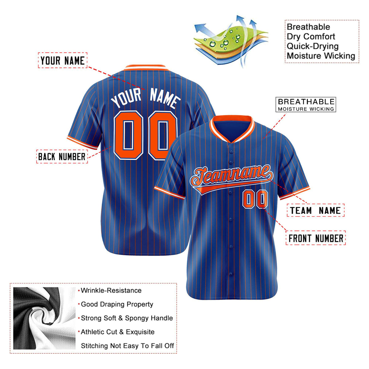 Custom Blue Orange Pinstripe Orange-White Authentic Baseball Jersey