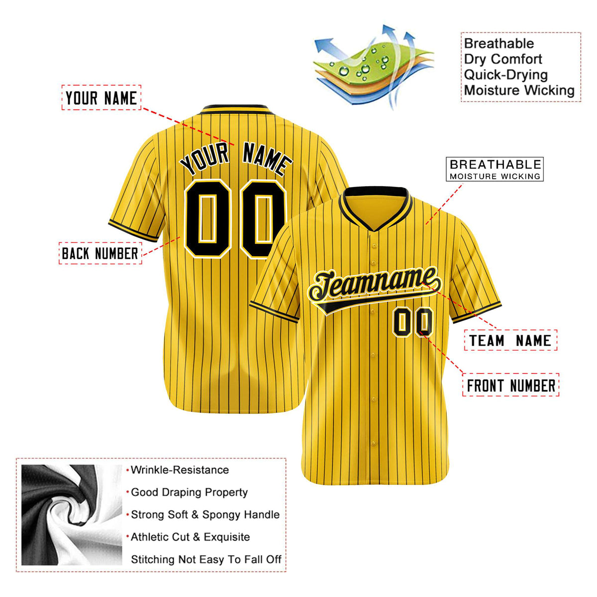 Custom Yellow Black Pinstripe Black-White Authentic Baseball Jersey