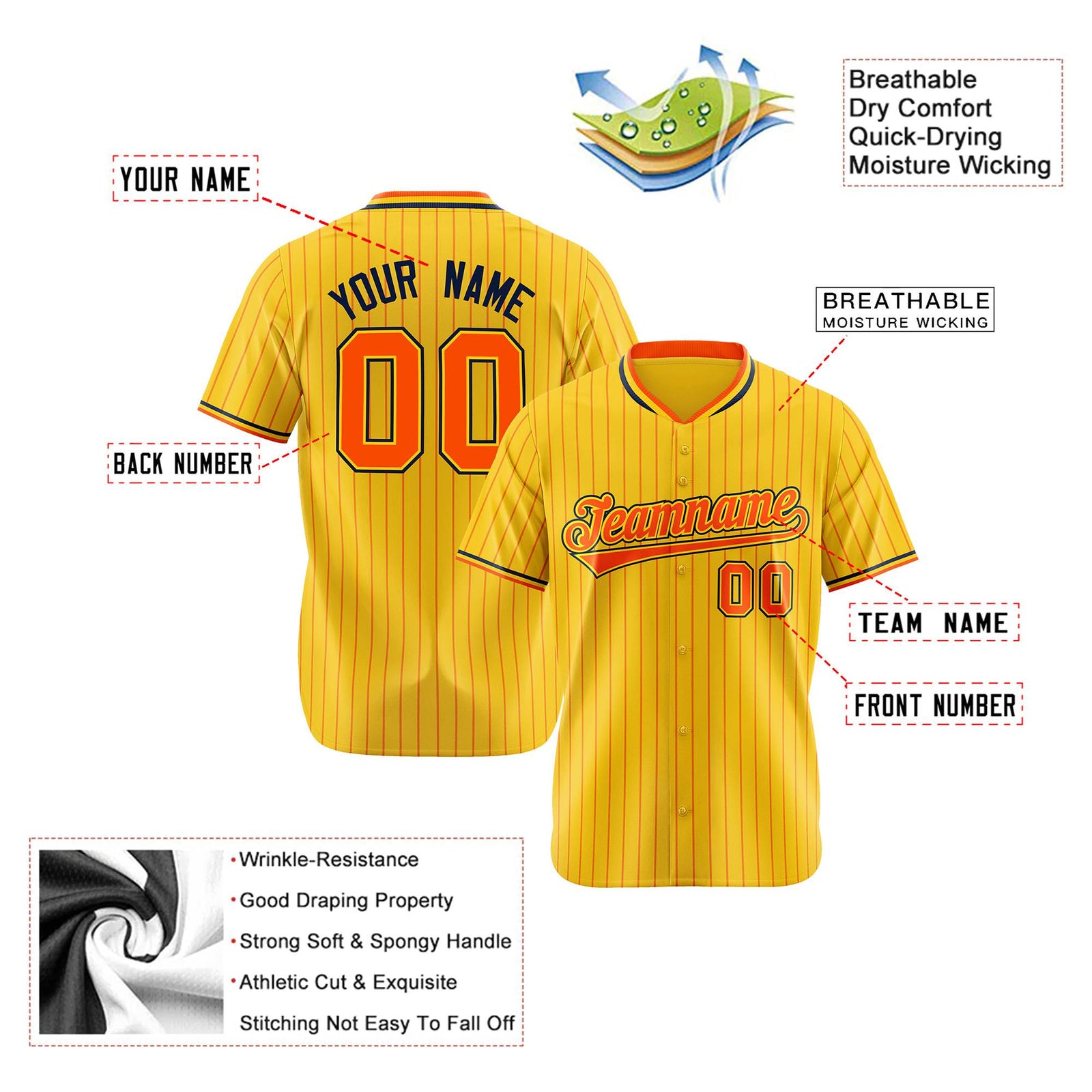 Custom Yellow Orange Pinstripe Orange-Black Authentic Baseball Jersey