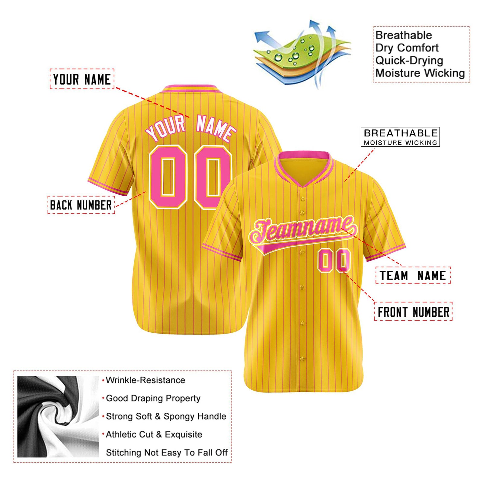 Custom Yellow Pink Pinstripe Pink-White Authentic Baseball Jersey