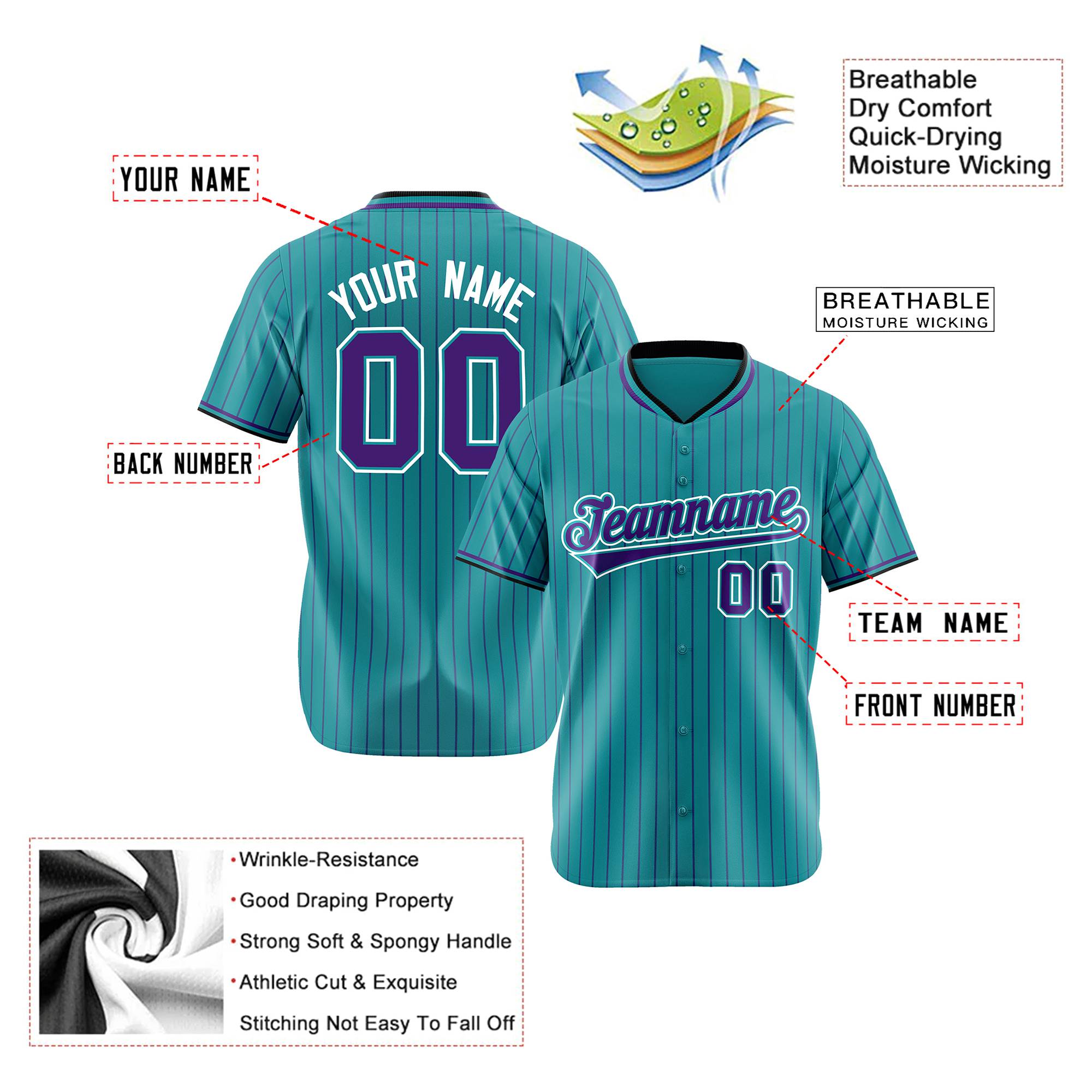 Custom Aqua Purple Pinstripe Purple-White Authentic Baseball Jersey